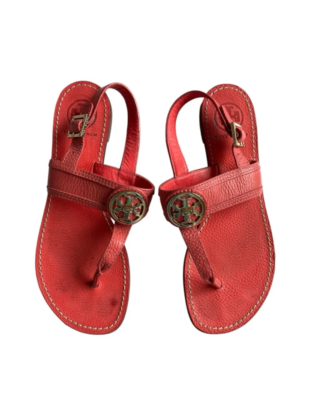 Tory Burch pink coral Leather Logo Medallion Slingback Sandals